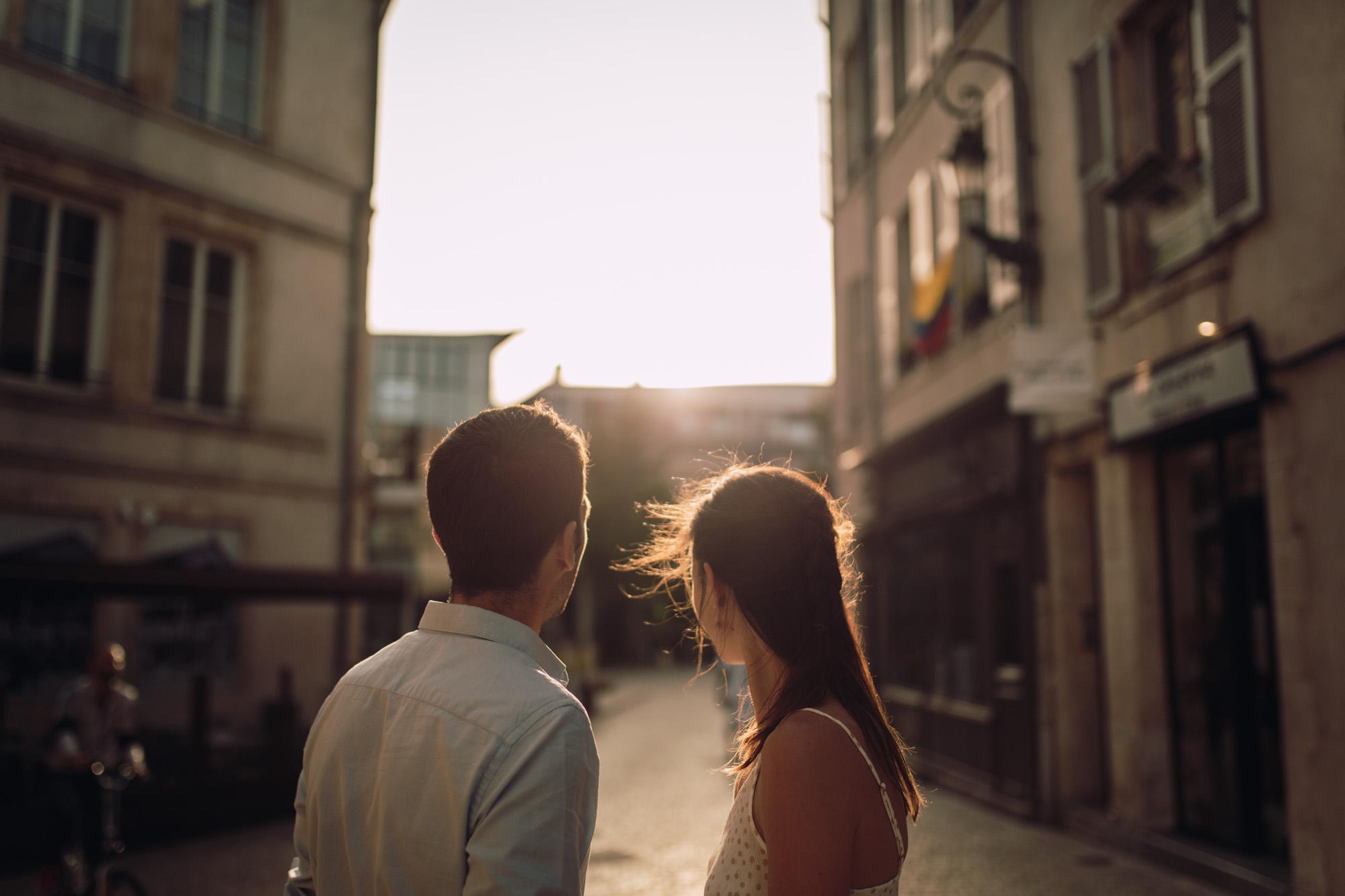 Engagement session, Orléans, Loire Valley, Street, sunset